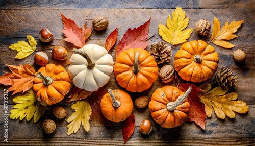 autumn thanksgiving background pumpkins acorns and leaves on rustic table top view