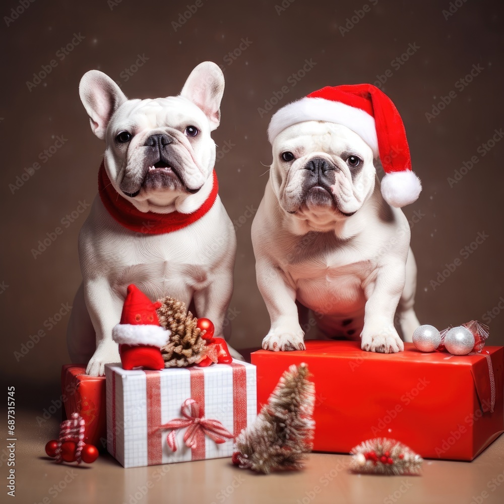 Cute dog puppy bulldog with christmas gift boxes concept photo poster merry present red new year