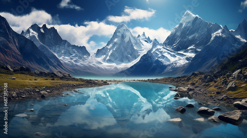 Glacial Lake Surrounded by High Mountain Peaks Background