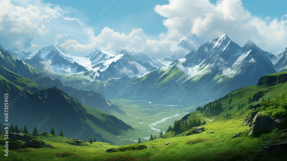 Lush Green Valley Between Massive Mountain Peaks Background