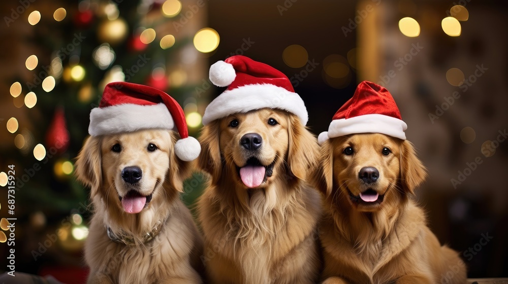 Cute dog puppy retriever with christmas gift boxes concept photo poster merry present red new year Cute dog puppy retriever with christmas gift boxes concept photo poster merry present red new year