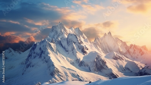 Majestic Snow-Capped Peaks in Morning Light Background © Michael