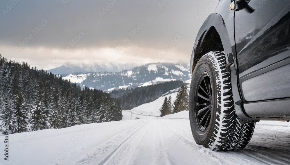 winter tire suv car on snow road tires on snowy highway detail close up view space for text the concept of family travel to a ski resort winter or spring holidays adventures