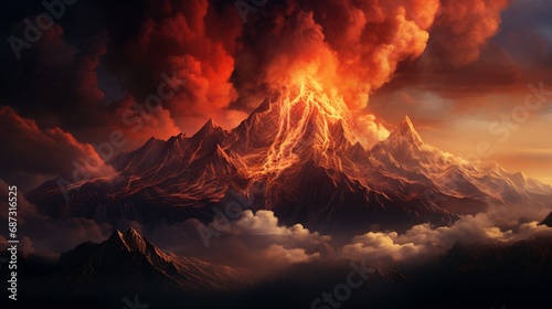 the paradoxical beauty and destruction of a mountain fire, with billowing smoke blending into the fiery hues of sunset, creating a hauntingly captivating scene.