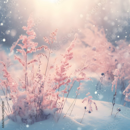 Gentle Pastel Winter, Pink Grass in Nature Against Background