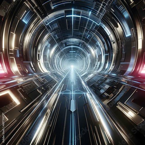Metal Glowing Tunnel with Neon Light and Abstract Futuristic Background