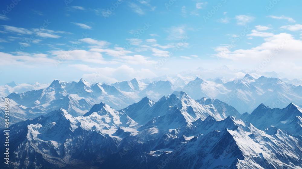 Mountain Range with Patches of Snow Under Clear Blue Sky Background