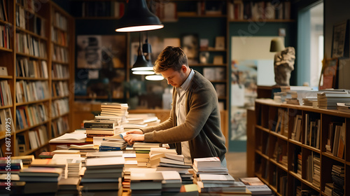 Independent bookstore owner arranging books