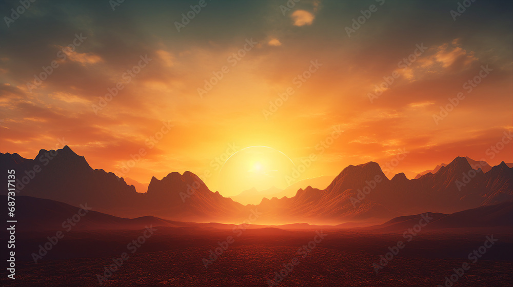 Sun Setting Behind Silhouetted Mountain Range Background