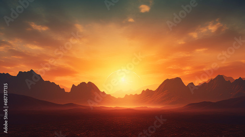 Sun Setting Behind Silhouetted Mountain Range Background © Michael