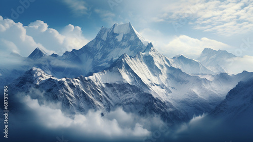 Towering Mountain Peaks with Wisps of Clouds Background