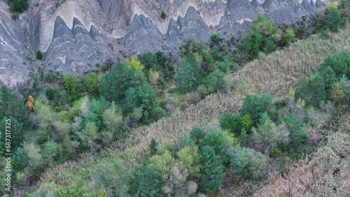 Geological landscape in the Aragón river. Aerial view from a drone surrounding the Yesa Reservoir and the Aragón River. Jacetania region. Town of Arres. Huesca. Aragon. Spain. Europe photo