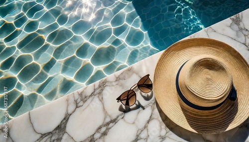 flat lay of sunglasses and straw hat on marble swimming pool side with clear blue water with waves sunlight shadow reflections minimal fashion aesthetic summer vacation top view creative background photo