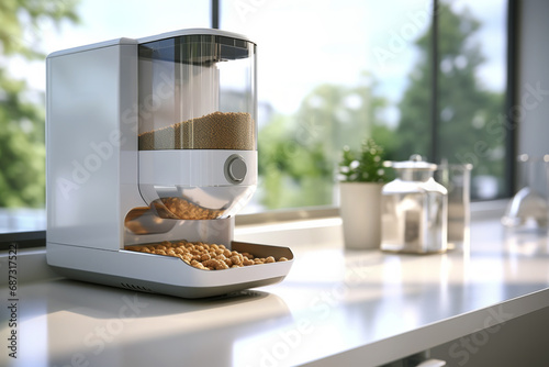 Automatic dog or cat food feeder in a kitchen arrangement.generative ai photo