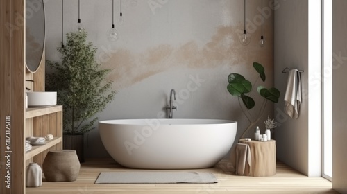 Poster mockup in cozy nomadic bathroom interior background  3d render. Cozy nomadic bathroom interior. Decor concept. Real estate concept. Art concept. Bathroom concept. Stylist concept. 3d render.