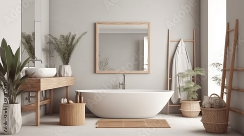Poster mockup in cozy nomadic bathroom interior background  3d render. Cozy nomadic bathroom interior. Decor concept. Real estate concept. Art concept. Bathroom concept. Stylist concept. 3d render.
