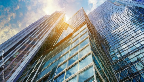 modern office building with blue sky and glass facades economy finances business activity concept bottom up view blurred image