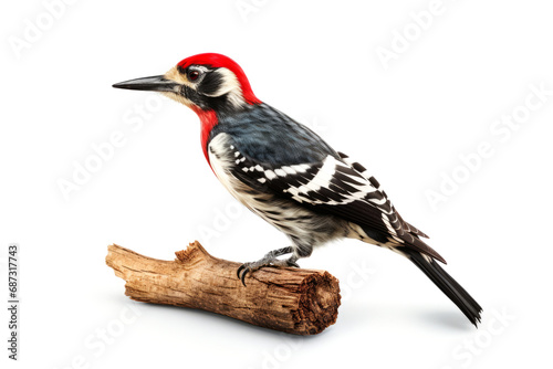 Woodpecker standing on a piece of wood isolated on white background.generative ai photo