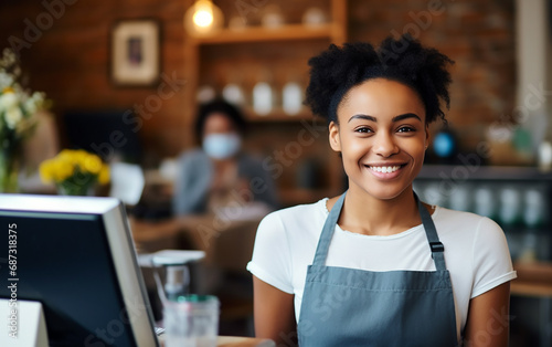 Dark-skined cheerfull woman working as a cashier in the store