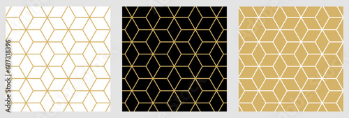 Christmas luxury line pattern seamless cube and star abstract background gold color geometric vector.