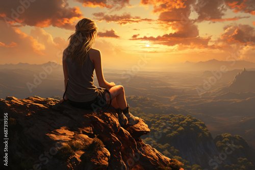 a girl is sitting on top of mountain and enjoying beautiful scenery, view of mountains and valley at sunset © soleg