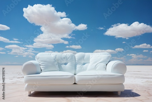 a white sofa on a blue sky background with clouds © soleg
