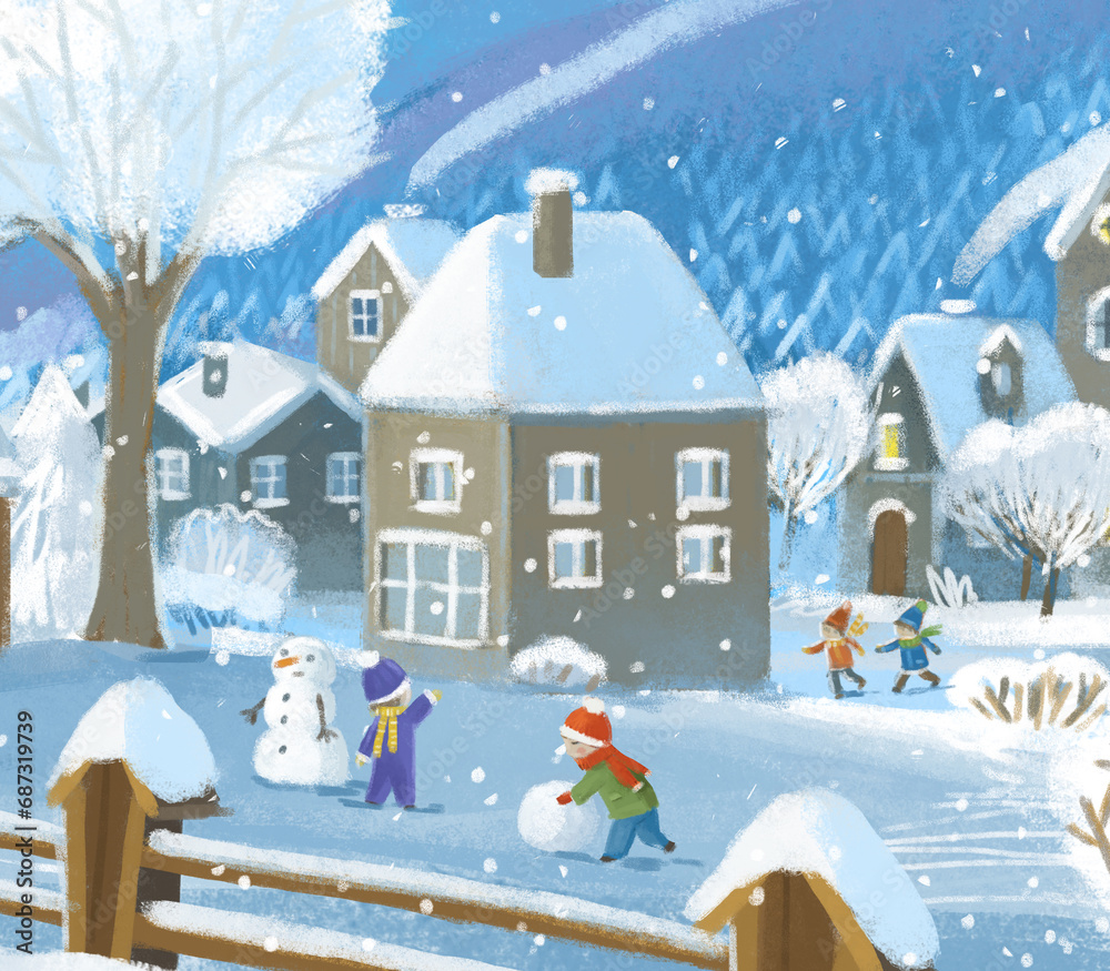 Naklejka premium cartoon christmas scene with city in the winter with some kids near the town playing winter games illustration for children