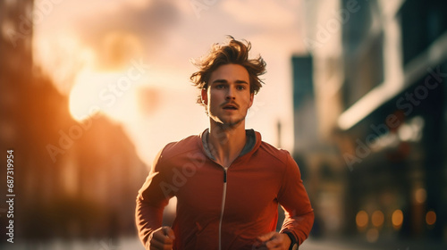  Portrait of attractive young man outdoor running jogging for healthy fitness lifestyle on blurred background