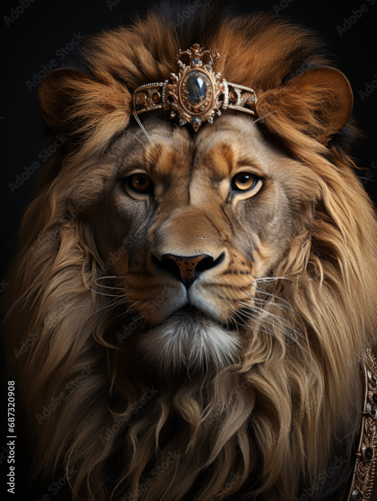 Fototapeta premium Majestic lion with diamond crown jewels on white background, king of animals