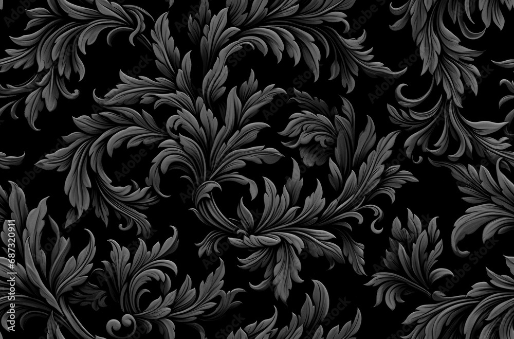 Victorian Elegance: Noir Flourish. Exquisite seamless black fabric texture adorned with a sophisticated floral pattern; perfect for luxurious designs and backgrounds - obrazy, fototapety, plakaty 