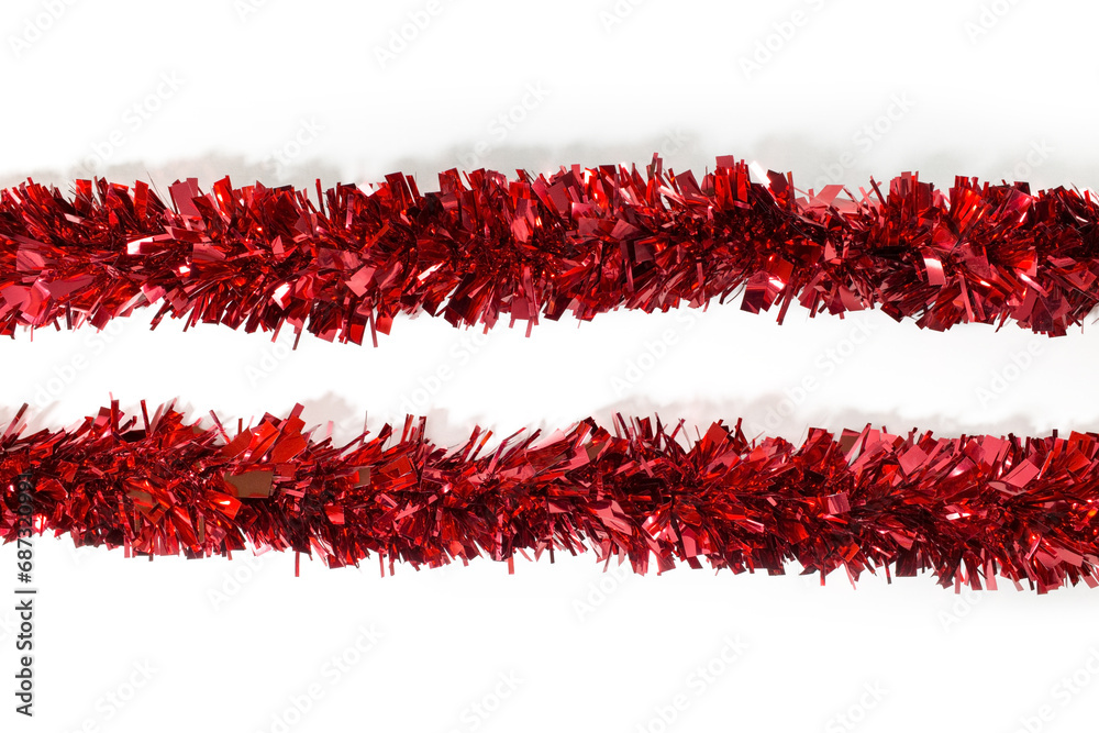 Two red Tinsel Decorations Garland for Xmas Tree, Christmas Tinsel Decorations for Wall Windows Wreath Stairs Bannister Fillable Baubles Ceiling Party Decorations, white background, isolated. Two red Tinsel Decorations Garland for Xmas Tree, Christmas Tinsel Decorations for Wall Windows Wreath Stairs Bannister Fillable Baubles Ceiling Party Decorations, white background, isolated.