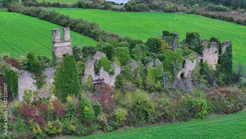 Ruins of the Convent of Mercedarios de Nuestra Señora del Pilar seen from a drone. Bridge the Queen of Jaca. Jacetania region. Huesca, Aragon, Spain, Europe photo