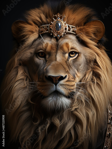Majestic lion with diamond crown jewels on white background  king of animals