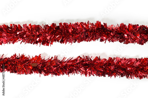 Vászonkép Two red Tinsel Decorations Garland for Xmas Tree, Christmas Tinsel Decorations for Wall Windows Wreath Stairs Bannister Fillable Baubles Ceiling Party Decorations, white background, isolated
