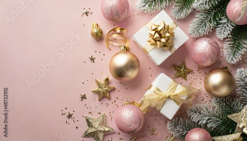 top view photo of christmas decorations pink balls gold bell pine snowflake shaped ornaments white gift boxes stars serpentine sequins on pastel pink background with copyspace mock up
