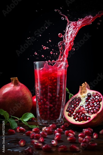 pomegranate juice splash with pomegranate fruit around on a black background