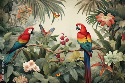 Vibrant vintage mural depicting a lush tropical rainforest scene with parrots, colorful butterflies, and other exotic wildlife set against a jungle backdrop. photo
