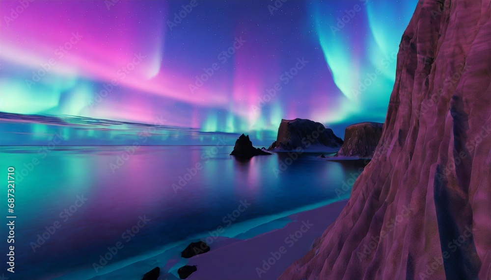 3d render abstract panoramic background seascape with cliffs under the pink blue night gradient sky with northern lights fantasy scenery wallpaper with aurora generative ai