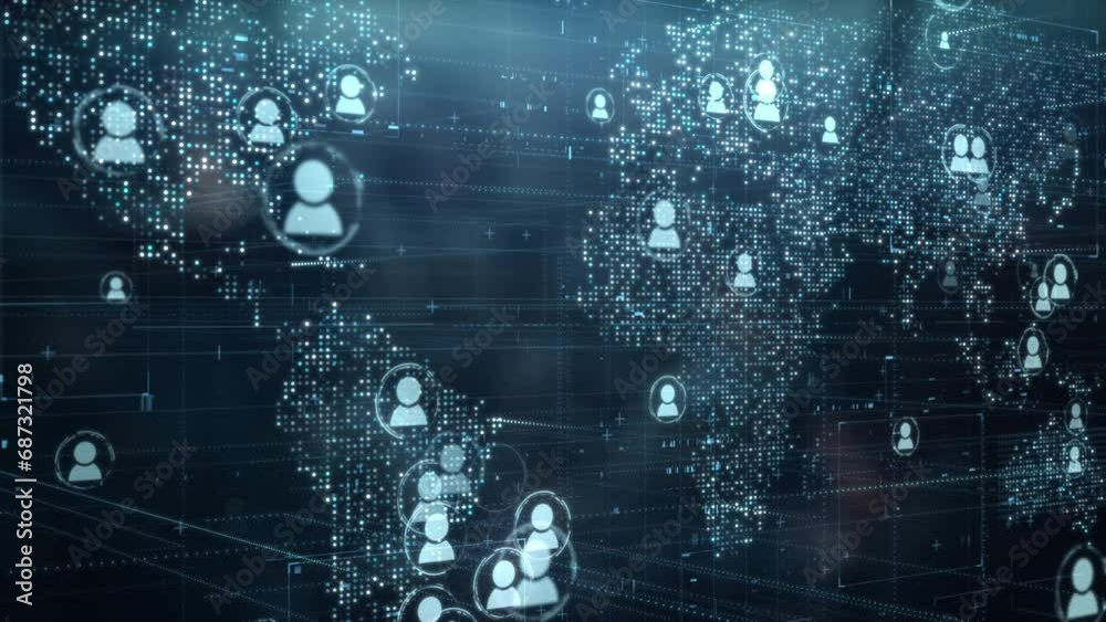 Digital world map with users worldwide connections. Global social media network and web 3.0 communication on earth background. Cloud storage and blockchain technology concept. Internet vpn location