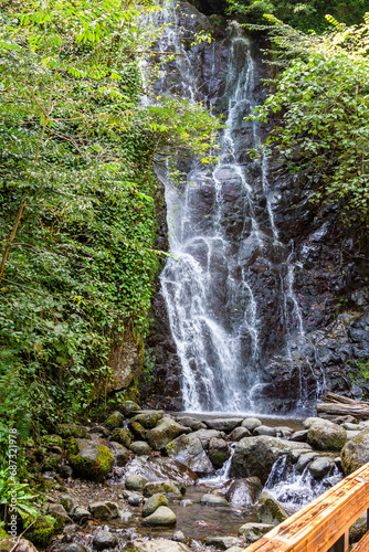 travel to Georgia - view of Mirveti waterfall near Mirveti village in Adjara on sunny autumn day. It is located on left side of Chorokhi River  at an altitude of 60 meters above sea level