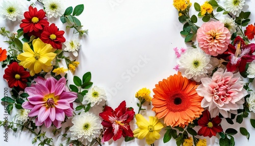 frame with colorful flowers on clear white background greeting card design for holiday mother s day easter valentine day springtime composition with copy space flat lay top view © Irene