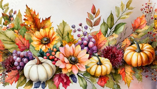 watercolor fall autumn flower marple leaves pumpkins for decoration give thanks cards photo
