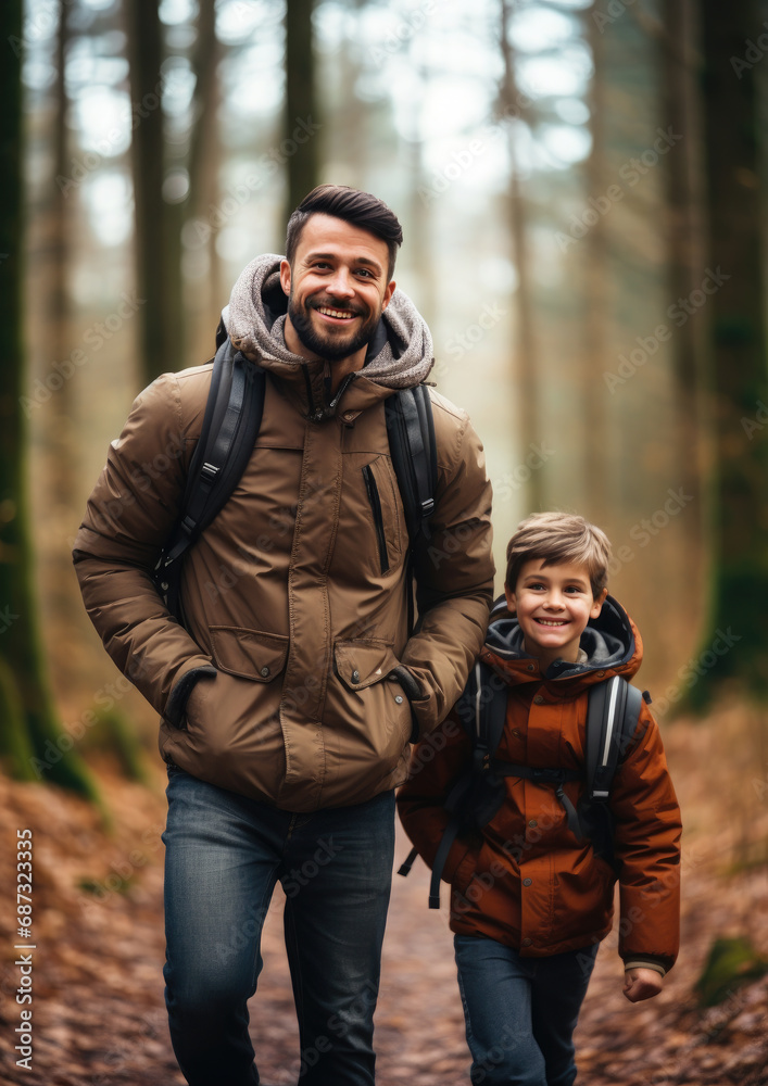 smiling son and father walking with backpacks through the forest, nature reserve, hiking, tall trees, blurred background, man, boy, trail, tourists, travel, hike, family, weekend together, child, kid smiling son and father walking with backpacks through the forest, nature reserve, hiking, tall trees, blurred background, man, boy, trail, tourists, travel, hike, family, weekend together, child, kid