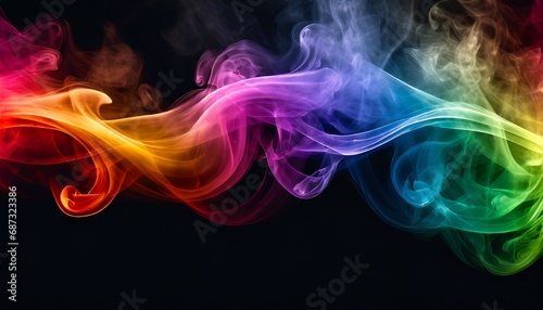 colorful rainbow colored smoke banner on dark black wide panorama background beautiful party concept magical glow abstract banner color drop with copy space