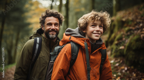 smiling son and father walking with backpacks through the forest, nature reserve, hiking, tall trees, blurred background, man, boy, trail, tourists, travel, hike, family, weekend together, child, kid © Julia Zarubina