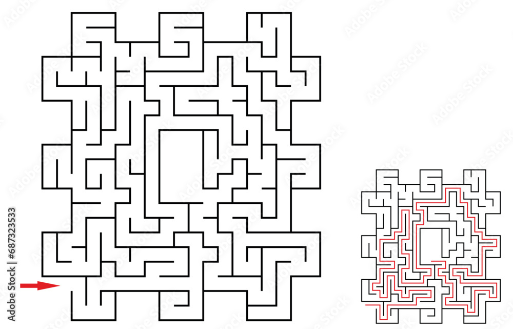 Vector labyrinth with the goal to reach a center of the maze. Difficulty level - easy. Children logic game for brain training isolated on white background