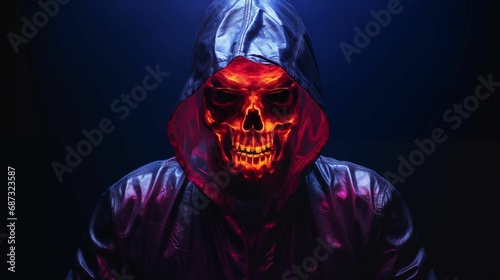 AI generated illustration of a young man wearing a red light up skull mask