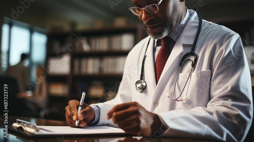AI generated illustration of a doctor focused as they record notes while sitting at a desk photo