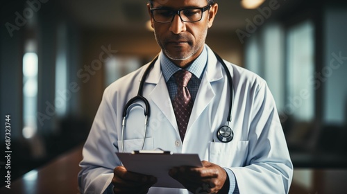 AI generated illustration of a man doctor looking down while writing a checklist in an empty hallway
