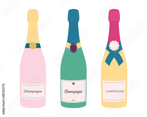 Wine bottles. Doodle champagne and prosecco vintage glass bottles wine. Flat vector icons set